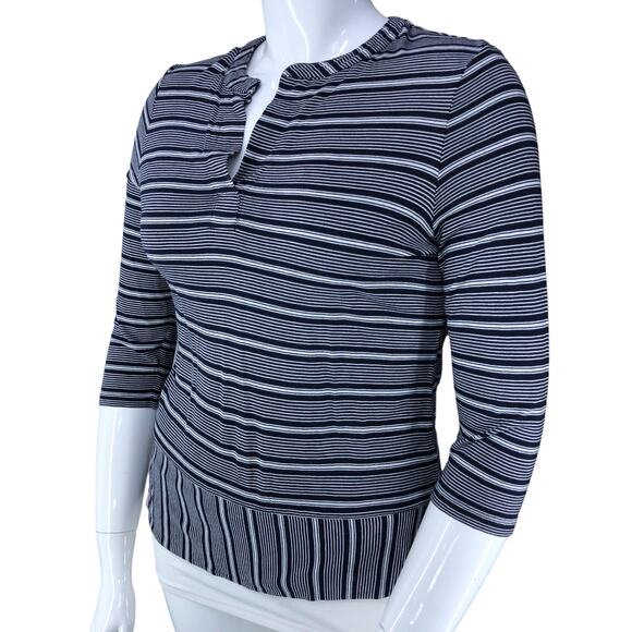 Talbots Womens Size MP Navy Blue Striped TShirt Top Slit Neck - Picture 1 of 14